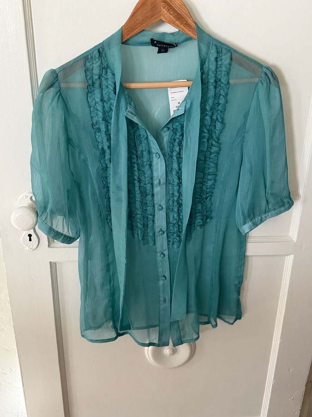 Sold - Forever 21 Aqua Ruffle Sheer Chiffon Short Sleeve Blouse with Tie Neck